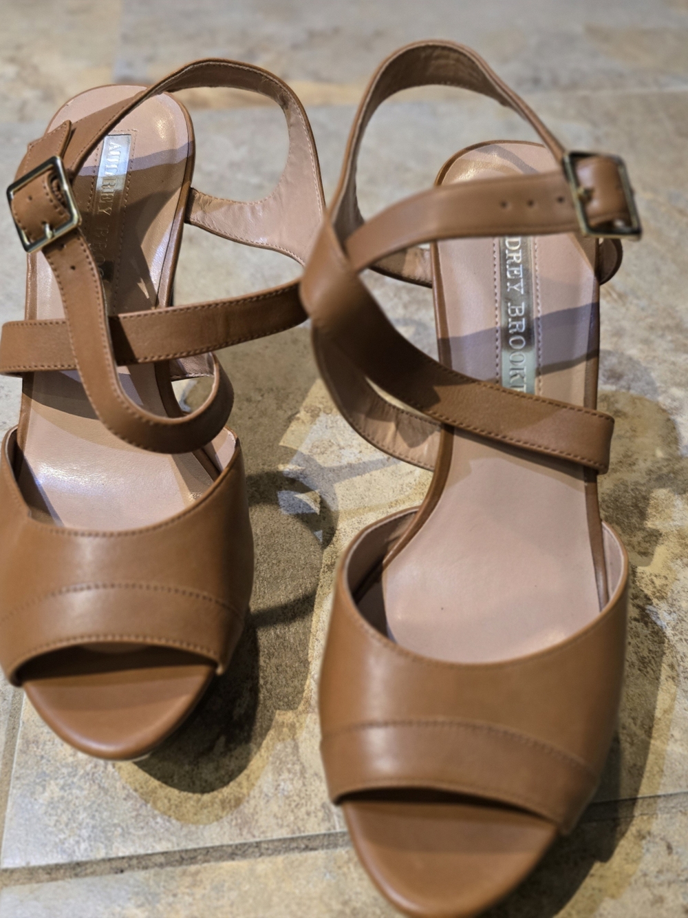 Audrey Brooke Cognac Cross-Strap Heeled Sandals